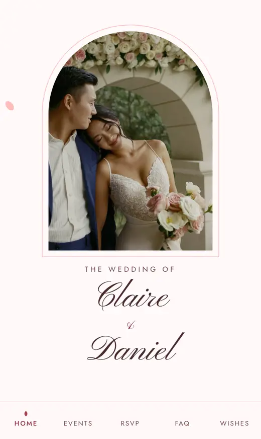 The Blush Veil look: the home screen of a sample wedding website
